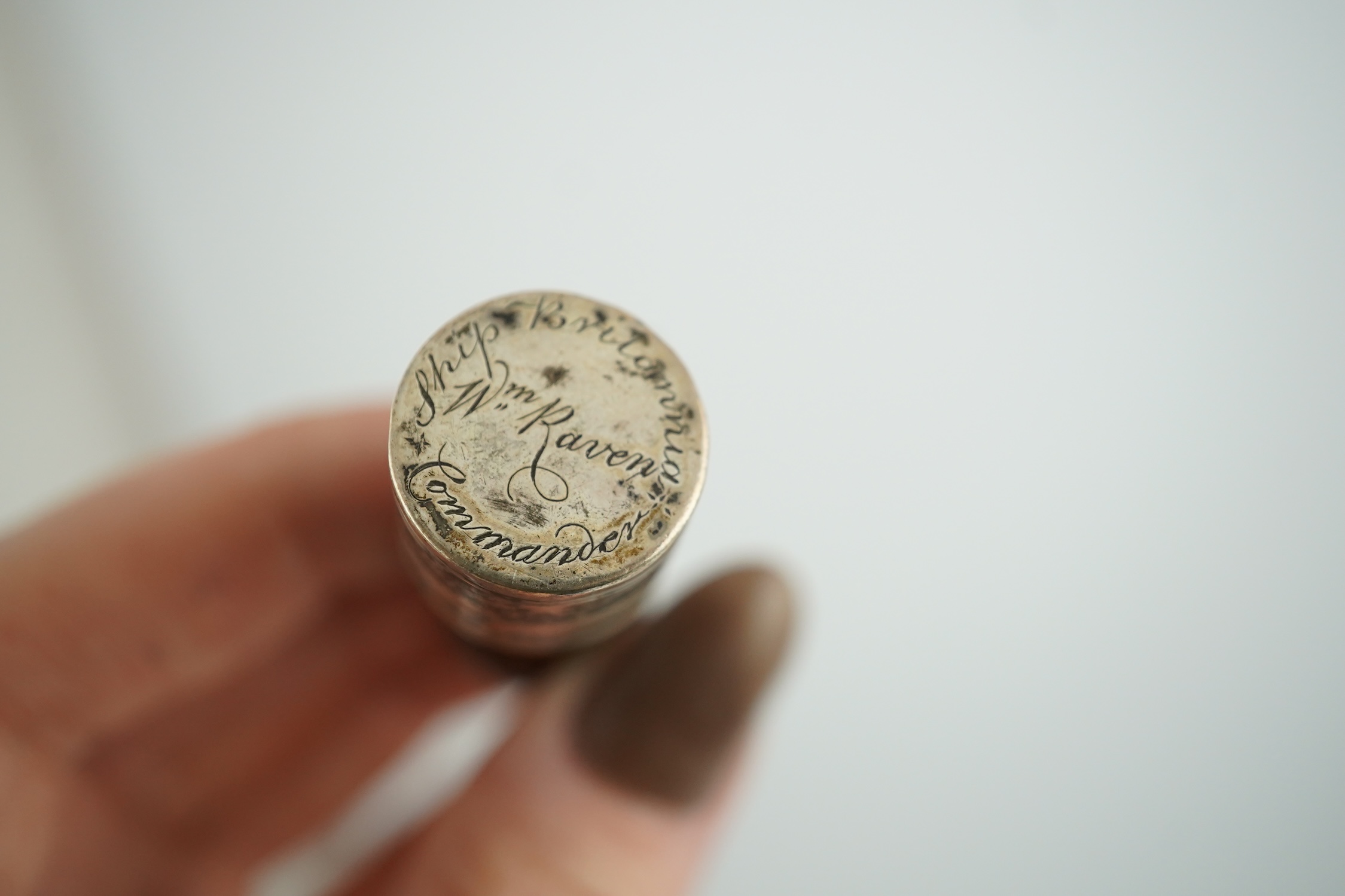 Australian Interest - an antique silver mounted treen miniature tipstaff inscribed 'William Raven, Commander Ship Britannia, From Feby 1792 to June 1797 - Three Times Round the World'. 6cm high. Condition - good